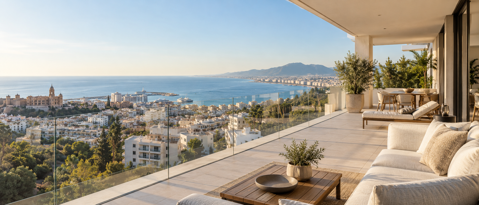 Terraza mediterránea con vistas a una ciudad costera